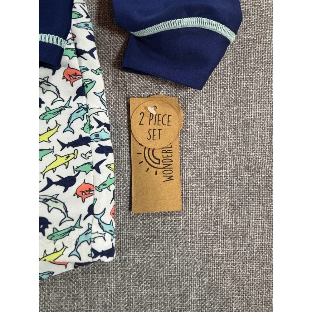 WONDERLUXE Rash Guard Hoodie and Swim Trunks Set Shark Navy Blue UPF 50+ Boys 4T